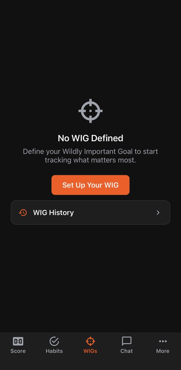 Trailblazers WIG screen showing goal setup and history